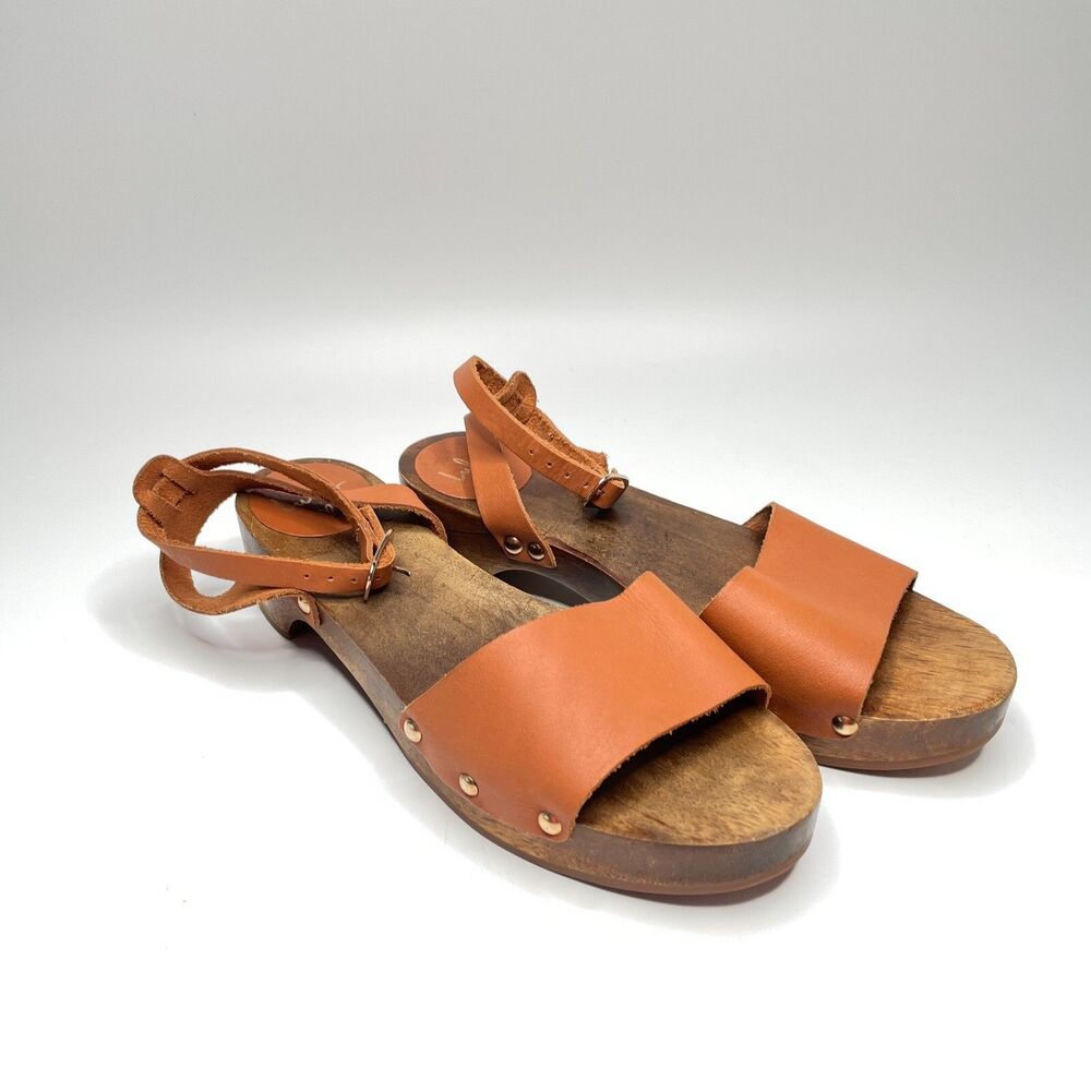 LULU'S Willy Heeled Cognac Leather Wooden Sandals Summer Outdoor Womens Size 6.5